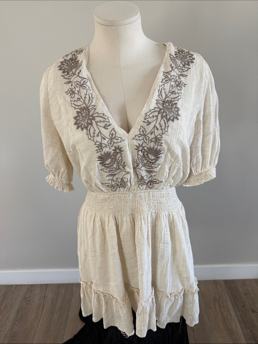 Lovestitch Cream V-Neck Smocked-Waist Mini Dress with Taupe Floral Embroidery